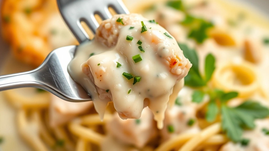 detail: close-up of creamy sauce coating fork with chicken and pasta, cream cheese sauce dripping, garnished with fresh herbs, photorealistic, natural light, no text