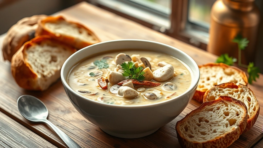 hero: A beautiful steaming bowl of creamy chicken and mushroom soup garnished with fresh parsley, served in a white ceramic bowl on a rustic wooden table with crusty bread on the side, natural window light, warm and inviting, photorealistic, no text