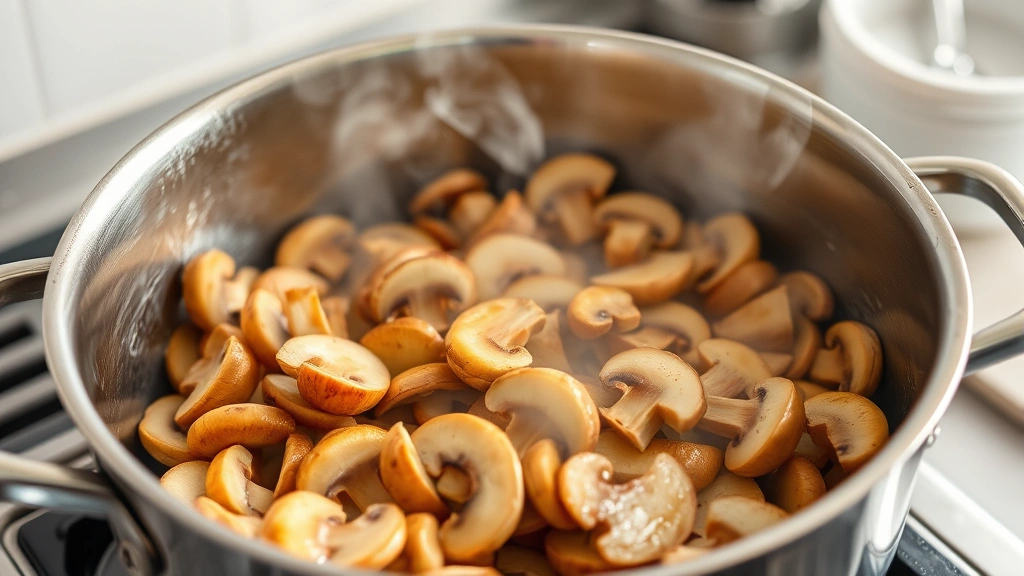 process: Golden-brown sliced mushrooms being sautéed in butter in a large pot with steam rising, professional kitchen setting, natural lighting highlighting the browning of the mushrooms, photorealistic, no text