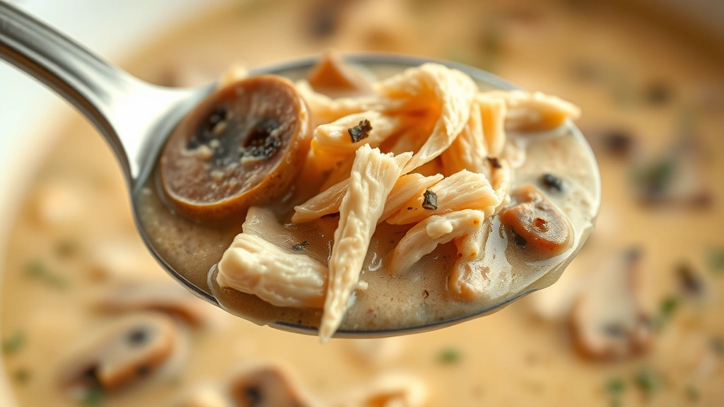 detail: Close-up of a spoonful of the creamy soup showing tender shredded chicken, mushroom pieces, and rich cream sauce, shallow depth of field, warm natural lighting, photorealistic, no text