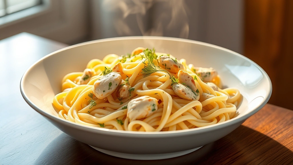 hero: creamy chicken and egg noodle pasta dish in a white bowl, garnished with fresh parsley and dill, golden-lit from the side, steam rising, photorealistic, natural window light, no text, elegant plating