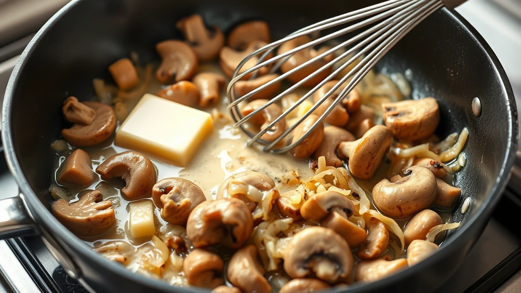 process: butter and mushrooms cooking in a skillet with onions, golden brown, creamy sauce being whisked, photorealistic, natural kitchen light, no text, cooking in progress