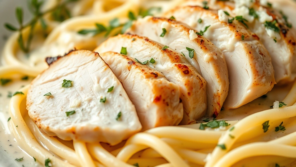 detail: close-up of tender chicken breast sliced, silky egg noodles coated in cream sauce, fresh herbs scattered on top, Parmesan cheese visible, photorealistic, natural light, no text, appetizing macro shot