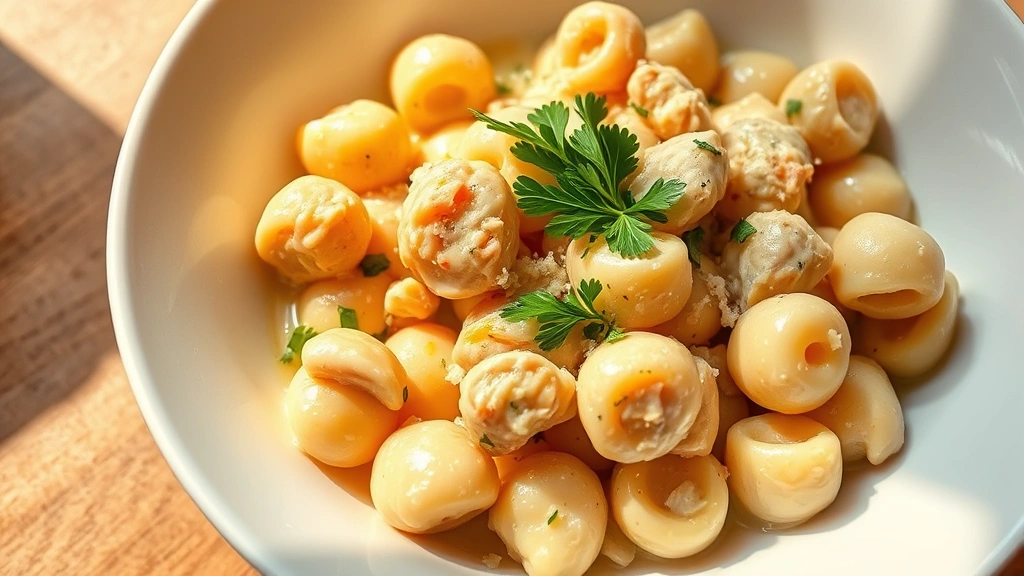 hero: creamy chicken and gnocchi in a white bowl, garnished with fresh parsley and Parmesan cheese, warm golden lighting from above, soft shadows, no text or watermarks