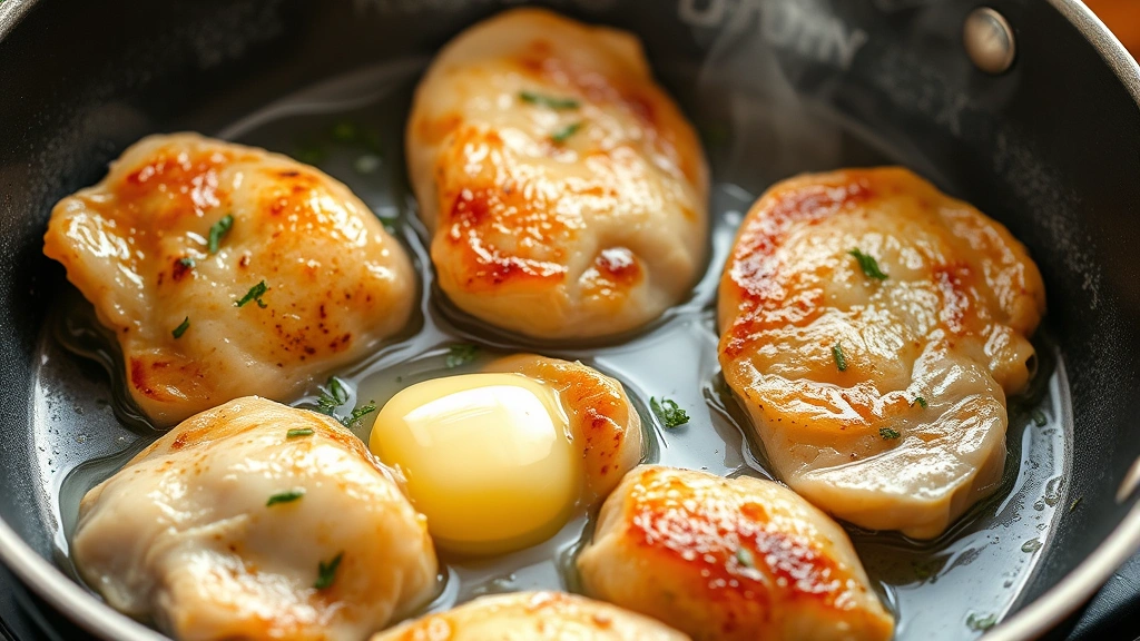 process: searing golden chicken pieces in a skillet with melting butter, fresh herbs visible, steam rising, natural kitchen lighting, close-up angle showing texture
