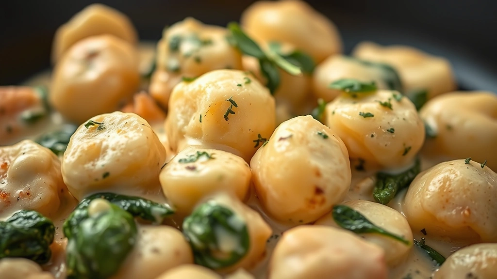 detail: close-up of pillowy gnocchi coated in creamy sauce with spinach and chicken, fresh thyme leaves scattered on top, shallow depth of field, warm natural light highlighting the creamy texture