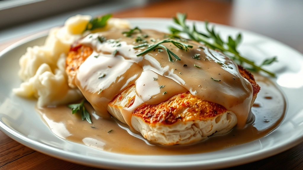 hero: Perfectly seared chicken breast smothered in creamy gravy on a white plate with mashed potatoes and fresh herbs, photorealistic, natural window light, no text