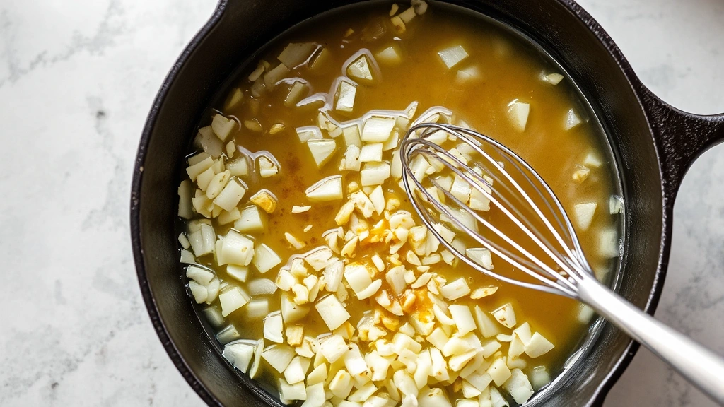 process: Diced onions and garlic sizzling in melted butter in a cast iron skillet with chicken broth being whisked in, photorealistic, natural light, no text