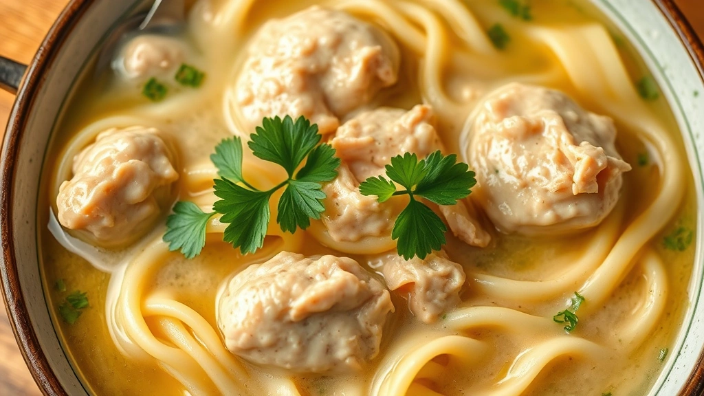 hero: steaming bowl of chicken and noodles with fresh parsley garnish, creamy broth, tender chicken pieces and wide egg noodles visible, photorealistic, natural warm lighting, shot from above, no text