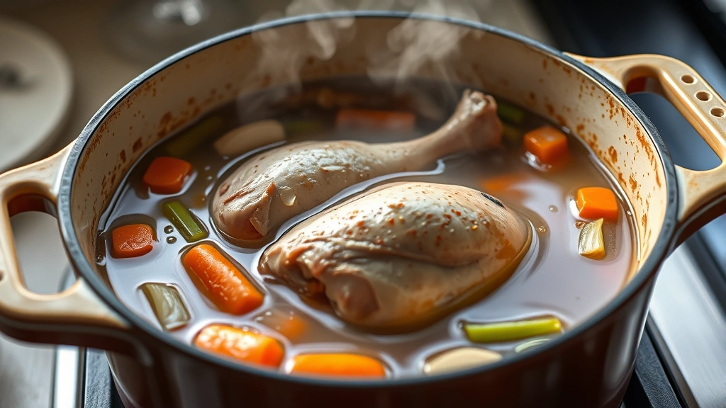 process: chicken simmering in aromatic broth with carrots celery and onion in Dutch oven, steam rising, photorealistic, natural kitchen lighting, no text