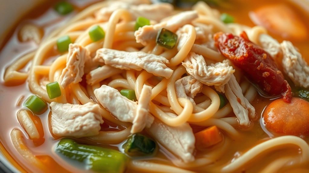 detail: close-up of perfectly cooked noodles with shredded chicken and vegetables in rich golden broth, photorealistic, shallow depth of field, natural lighting, no text