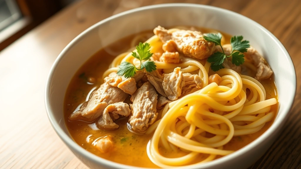 hero: steaming bowl of chicken and egg noodles with shredded chicken, fresh parsley garnish, golden broth, soft natural window light, rustic white ceramic bowl, wooden table background