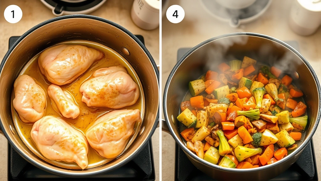 process: browning chicken pieces in butter in Dutch oven, golden skin, vegetables sautéing, aromatic steam rising, warm kitchen lighting