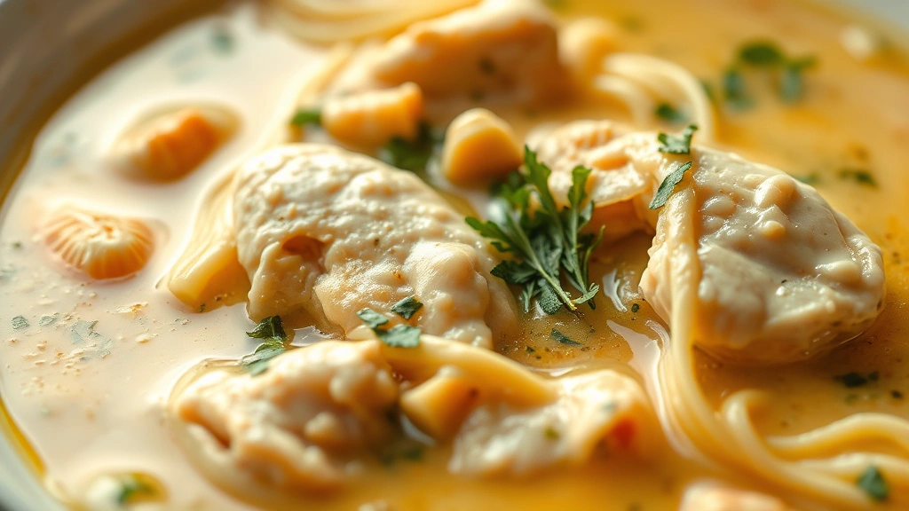 detail: close-up of creamy broth with tender chicken pieces, egg noodles, fresh herbs, shallow depth of field, warm natural light highlighting the rich golden color