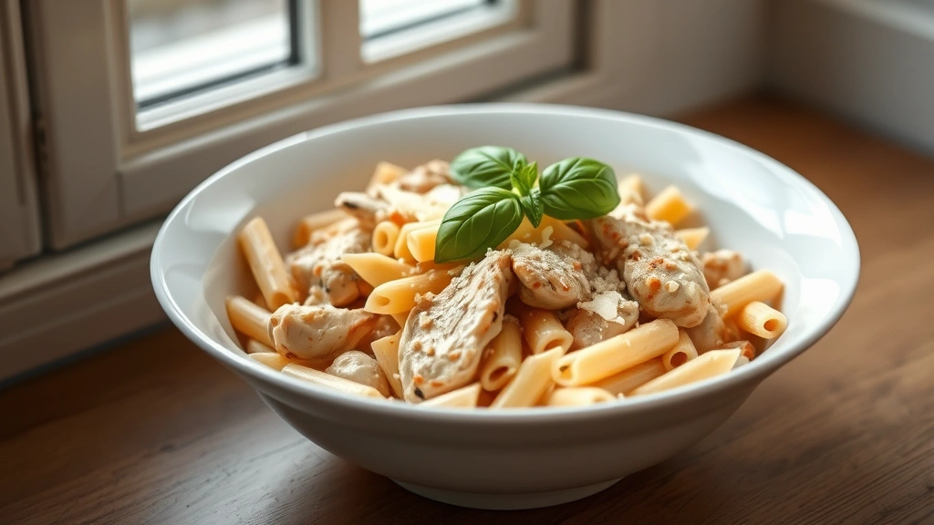 hero: finished chicken and penne pasta dish in a white bowl, creamy sauce coating penne tubes and chicken pieces, fresh basil garnish and shaved Parmigiano-Reggiano on top, soft natural window light, warm and inviting, no text or watermarks