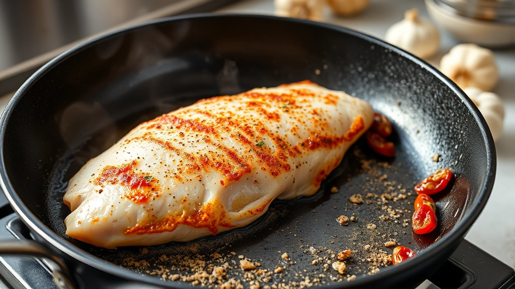 process: chicken breast being seared in skillet with golden crust forming, fresh garlic and sun-dried tomatoes visible in background, steam rising, professional kitchen setting, natural daylight, no text