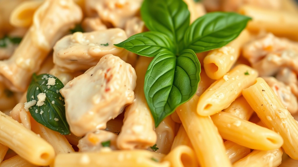 detail: close-up of penne pasta coated in creamy sauce with chicken pieces and fresh basil, macro photography showing sauce texture and cheese, shallow depth of field, warm lighting, no text