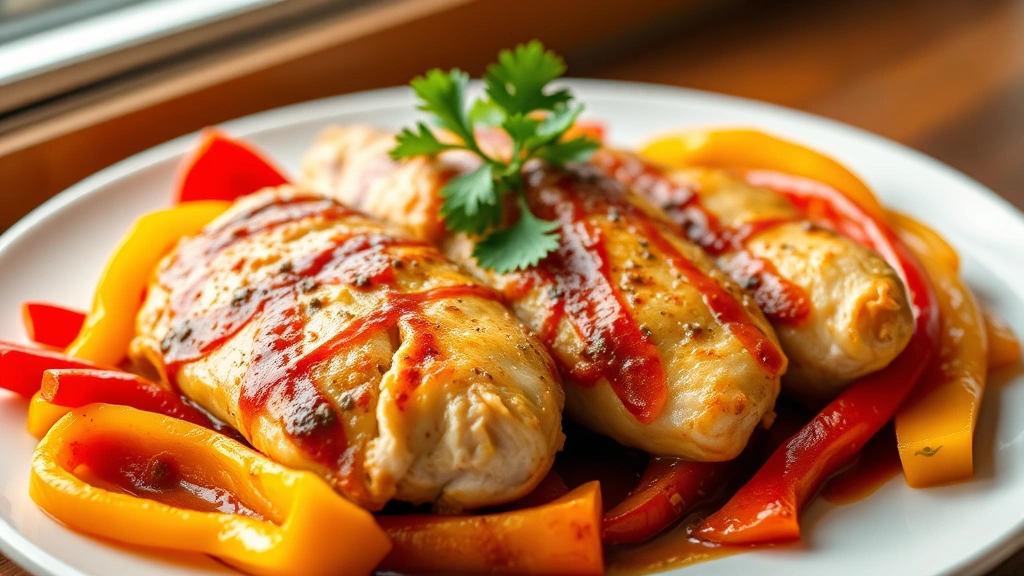 hero: finished chicken and peppers dish served on a white ceramic plate, golden-brown chicken breasts surrounded by vibrant red, yellow, and orange bell peppers with glossy sauce, fresh parsley garnish, natural window light, professional food photography, warm tones, no text or watermarks