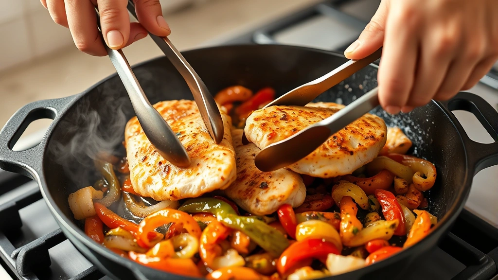process: hands using tongs to flip chicken cutlets in a cast iron skillet with sautéed peppers and onions, steam rising, golden crust visible, bright kitchen lighting, action shot, no text