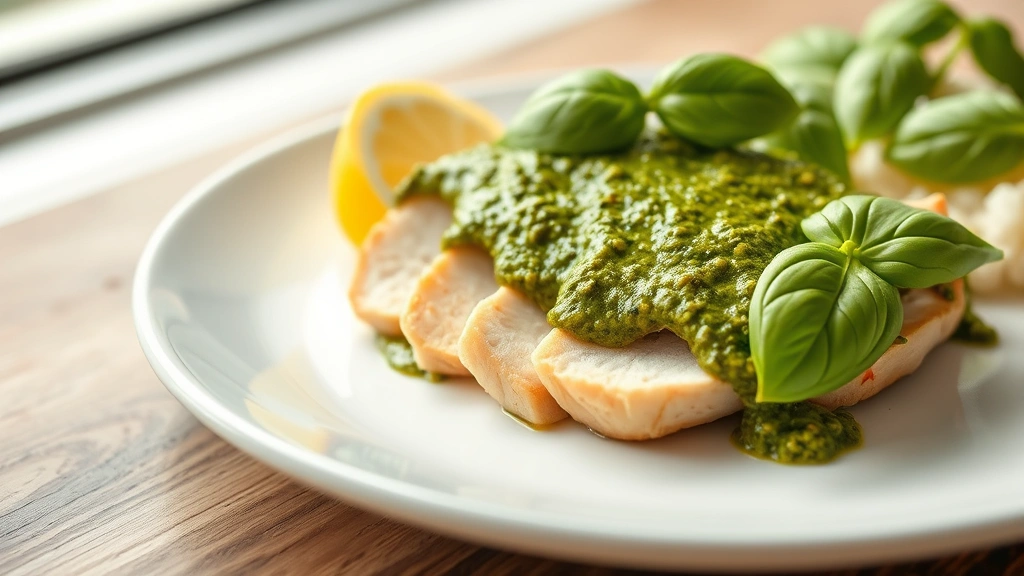 hero: sliced chicken breast topped with vibrant green pesto sauce on a white plate, served with fresh basil leaf garnish and lemon wedge, natural window light, minimal styling