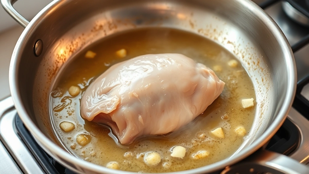 process: chicken breast searing in a stainless steel skillet with butter and oil, golden-brown crust forming, pan on stovetop, steam rising, bright natural daylight