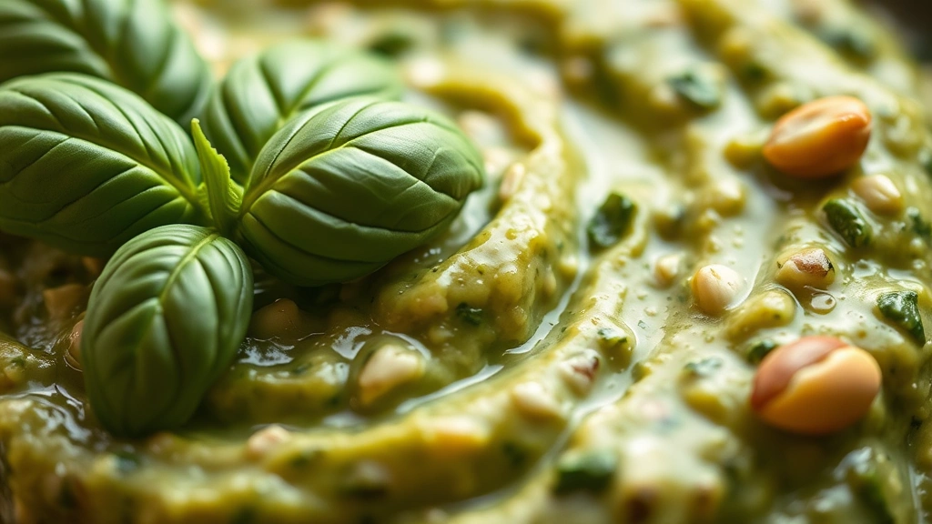 detail: close-up of creamy basil pesto with visible pine nuts, garlic, and Parmesan cheese, fresh basil leaf placed on top, shallow depth of field, warm natural light