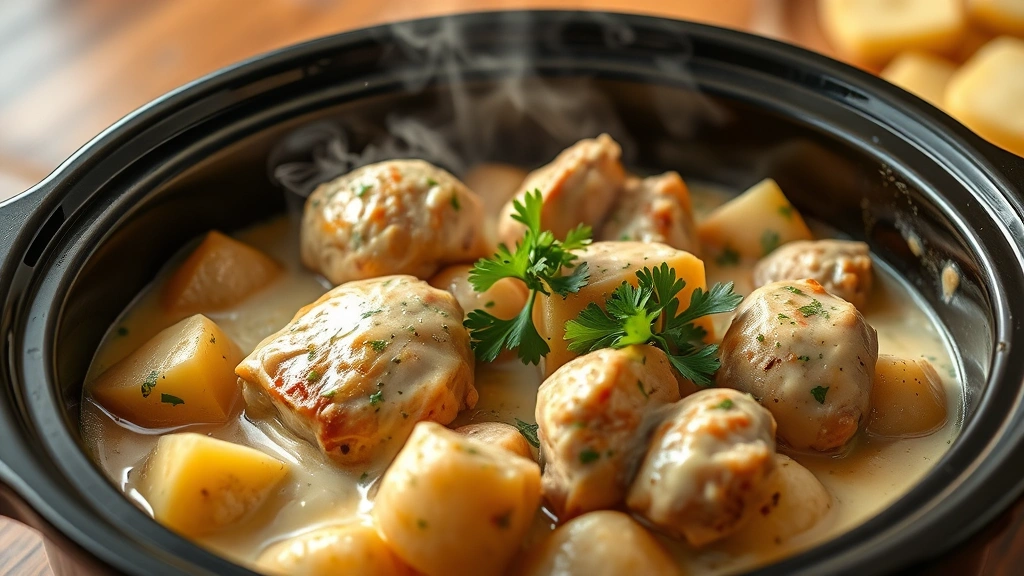 hero: steaming crock pot of tender chicken and potatoes with creamy sauce and fresh parsley garnish, photorealistic, warm natural lighting, food photography style, no text