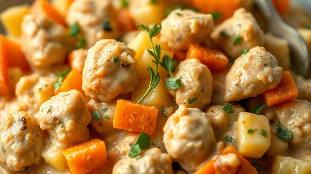 detail: close-up of creamy chicken and potato mixture with carrots and fresh herbs, shallow depth of field, photorealistic natural light, food styling, no text
