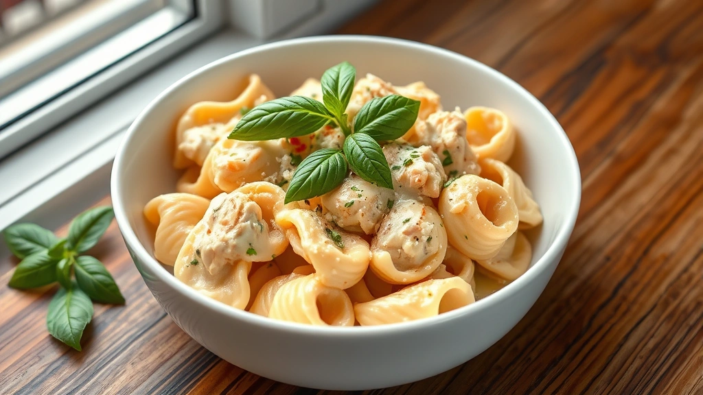 hero: creamy chicken tortellini pasta in white bowl garnished with fresh basil and parmesan cheese, rich creamy sauce, photorealistic, natural window light, no text, wooden table background