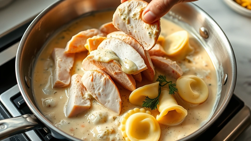 process: sliced chicken breast being added to creamy sauce in stainless steel skillet, cheese tortellini visible, photorealistic, natural kitchen light, no text