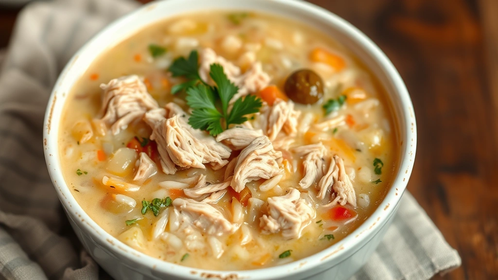 hero: steaming bowl of chicken and wild rice soup with shredded chicken and vegetables visible, cream-colored broth, fresh parsley garnish, rustic white bowl, photorealistic, warm natural light, no text