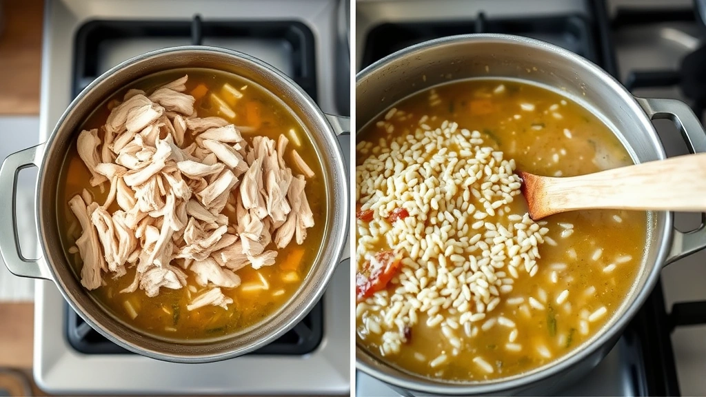 process: pot of soup simmering on stovetop with shredded chicken being added, wild rice visible in broth, wooden spoon stirring, photorealistic, natural kitchen lighting, no text