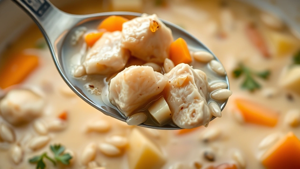 detail: close-up of spoon lifting soup showing tender chicken pieces, wild rice grains, carrots and celery, creamy broth texture, photorealistic, macro natural light, no text