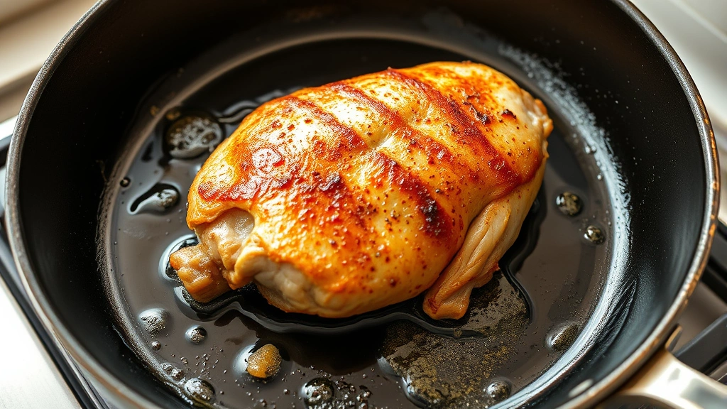 process: searing chicken in hot skillet with golden crust forming, oil sizzling, close-up side angle, natural daylight, no text