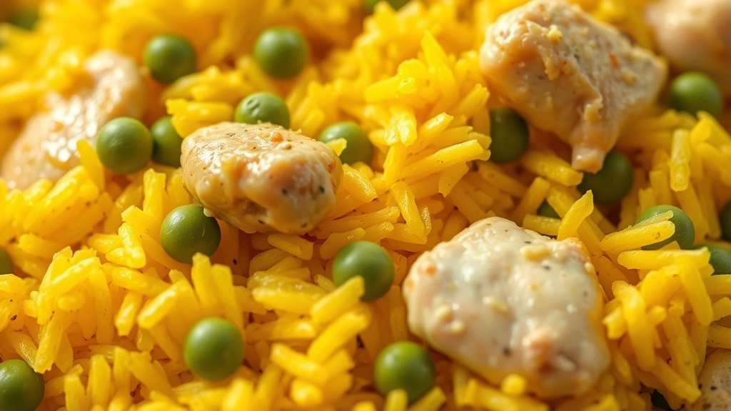 detail: close-up of fluffy turmeric-infused yellow rice with peas and pieces of tender chicken, steam rising, shallow depth of field, natural lighting, no text