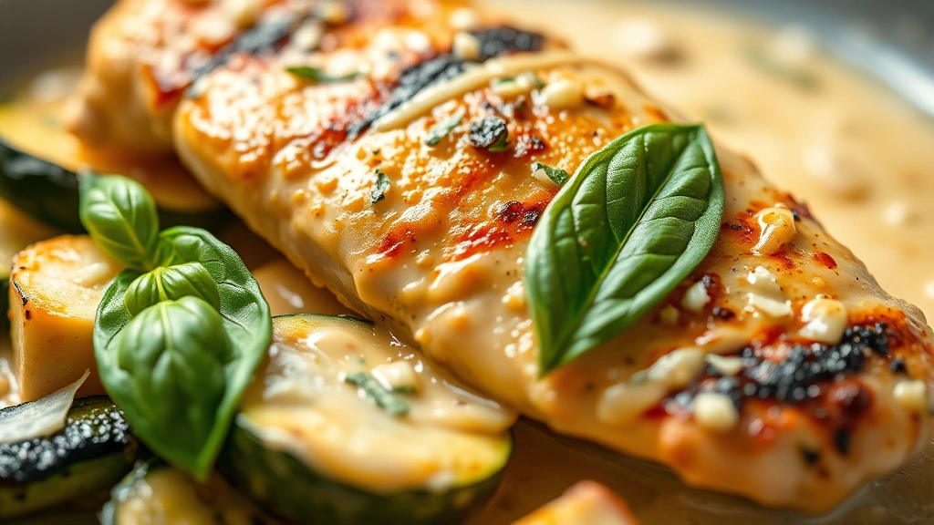 detail: close-up of perfectly cooked chicken and zucchini with creamy sauce, fresh basil leaf, Parmesan cheese, sauce detail, shallow focus, warm natural lighting, food styling
