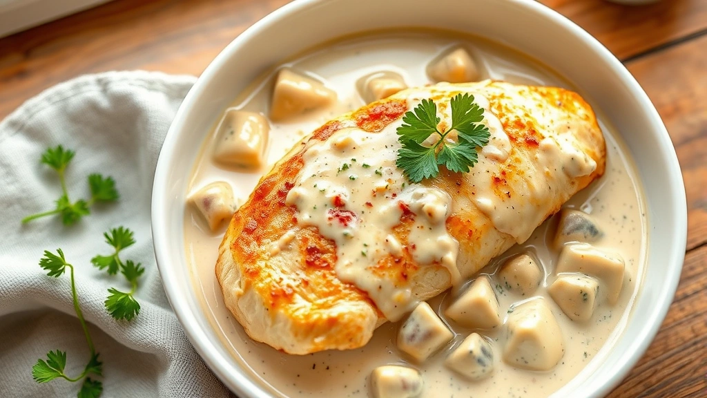 hero: creamy chicken artichoke dish in white bowl, golden chicken breast with artichoke hearts in rich cream sauce, fresh parsley garnish, soft natural window light, overhead shot, no text