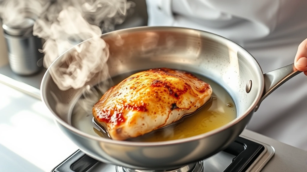 process: chef searing golden chicken breast in stainless steel skillet with olive oil, steam rising, professional kitchen, natural light, no text