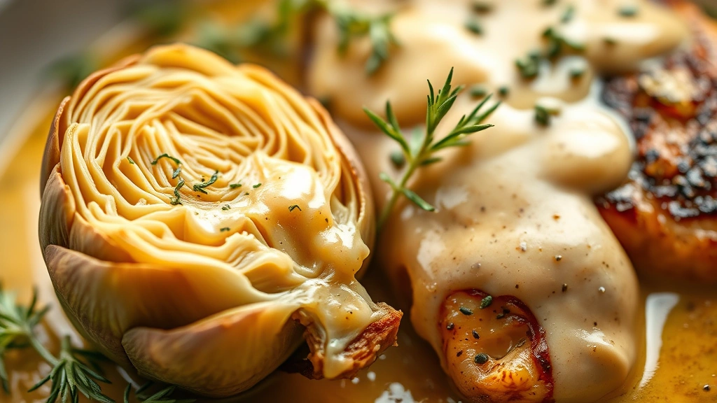 detail: close-up of tender artichoke heart and creamy sauce coating chicken, fresh thyme leaf, shallow depth of field, warm natural light, no text