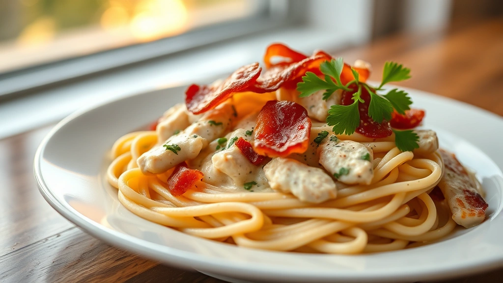 hero: creamy chicken bacon ranch pasta on white plate, crispy bacon on top, fresh parsley garnish, golden lighting from window, shallow depth of field, professional food photography