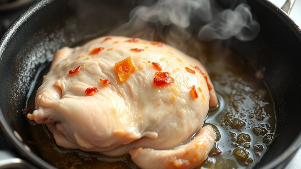 process: chicken searing in skillet with bacon grease, golden brown crust forming, steam rising, natural kitchen lighting, close-up angle
