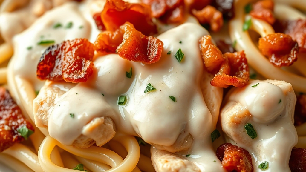 detail: close-up of creamy ranch sauce coating pasta and chicken, crispy bacon pieces, fresh herbs visible, droplets of sauce, macro photography, natural light