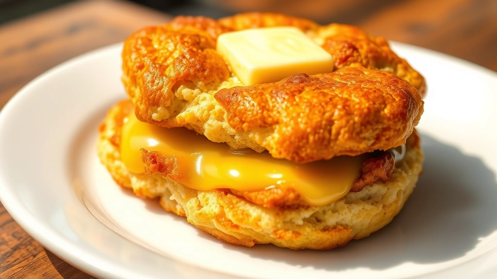 hero: golden-brown chicken biscuit with melted butter and flaky layers, photorealistic, natural sunlight from left side, close enough to see texture, on white plate, no text