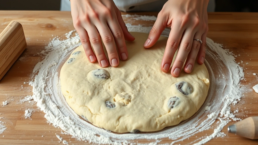 process: hands folding warm biscuit dough on floured surface, photorealistic, natural kitchen light, showing lamination technique, no text