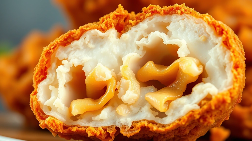 detail: cross-section of hot crispy fried chicken showing juicy interior and golden crust, photorealistic, shallow depth of field, natural light, no text