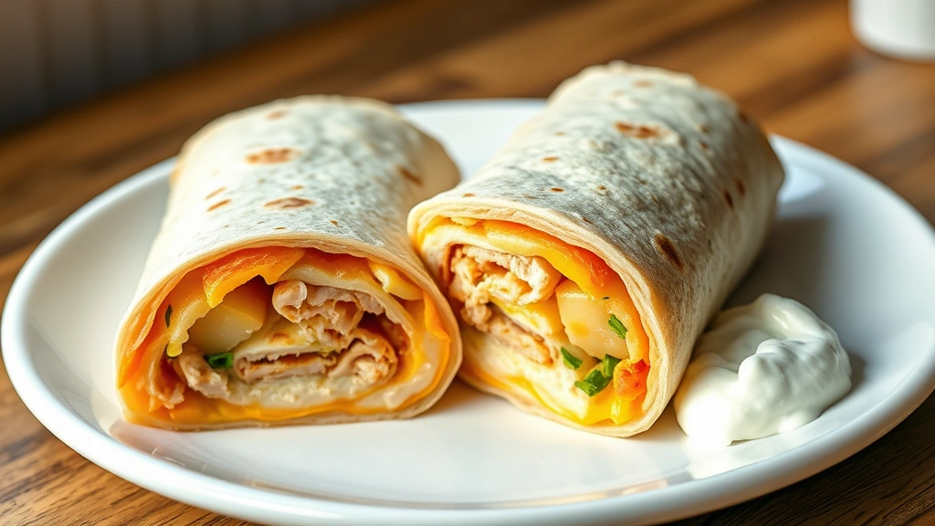 hero: perfectly rolled chicken breakfast burrito cut in half showing layers of eggs, chicken, cheese and potatoes inside, served on white plate with salsa and sour cream on the side, photorealistic, natural morning light, no text