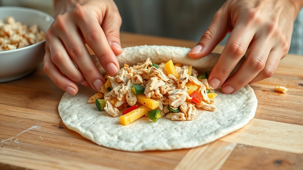 process: hands rolling warm flour tortilla filled with scrambled eggs, shredded chicken and vegetables, photorealistic, natural kitchen light, no text