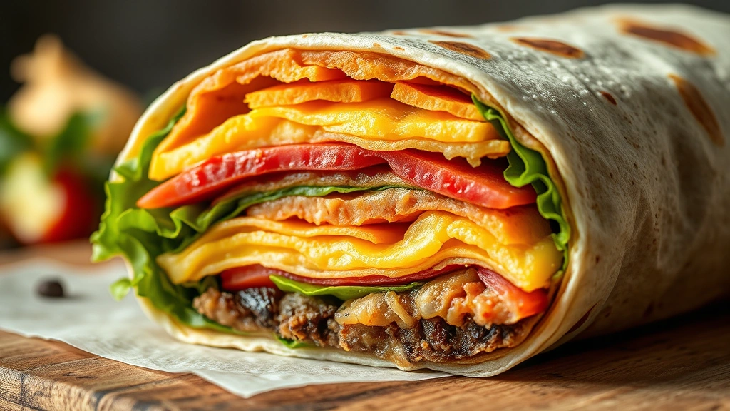 detail: close-up cross-section of assembled breakfast burrito showing all the layers and ingredients, photorealistic, natural light, no text