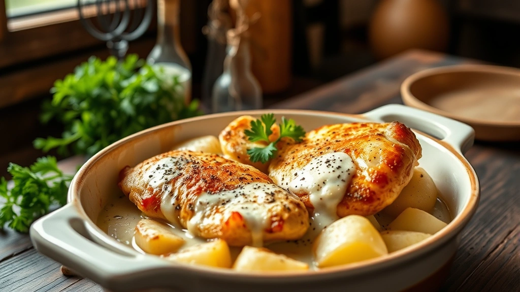 hero: golden-brown chicken breast and potato bake in ceramic dish, steaming, creamy sauce visible, fresh parsley garnish, natural window light, rustic kitchen table, no text