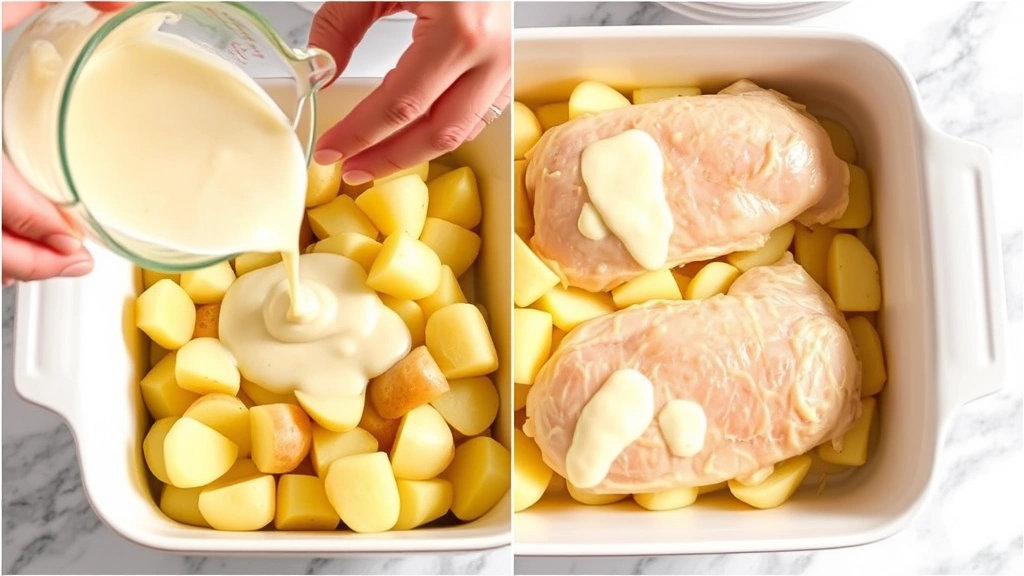 process: hands arranging sliced potatoes in baking dish, cream sauce being poured, chicken breasts positioned on top, natural daylight from above, kitchen counter setting, no text